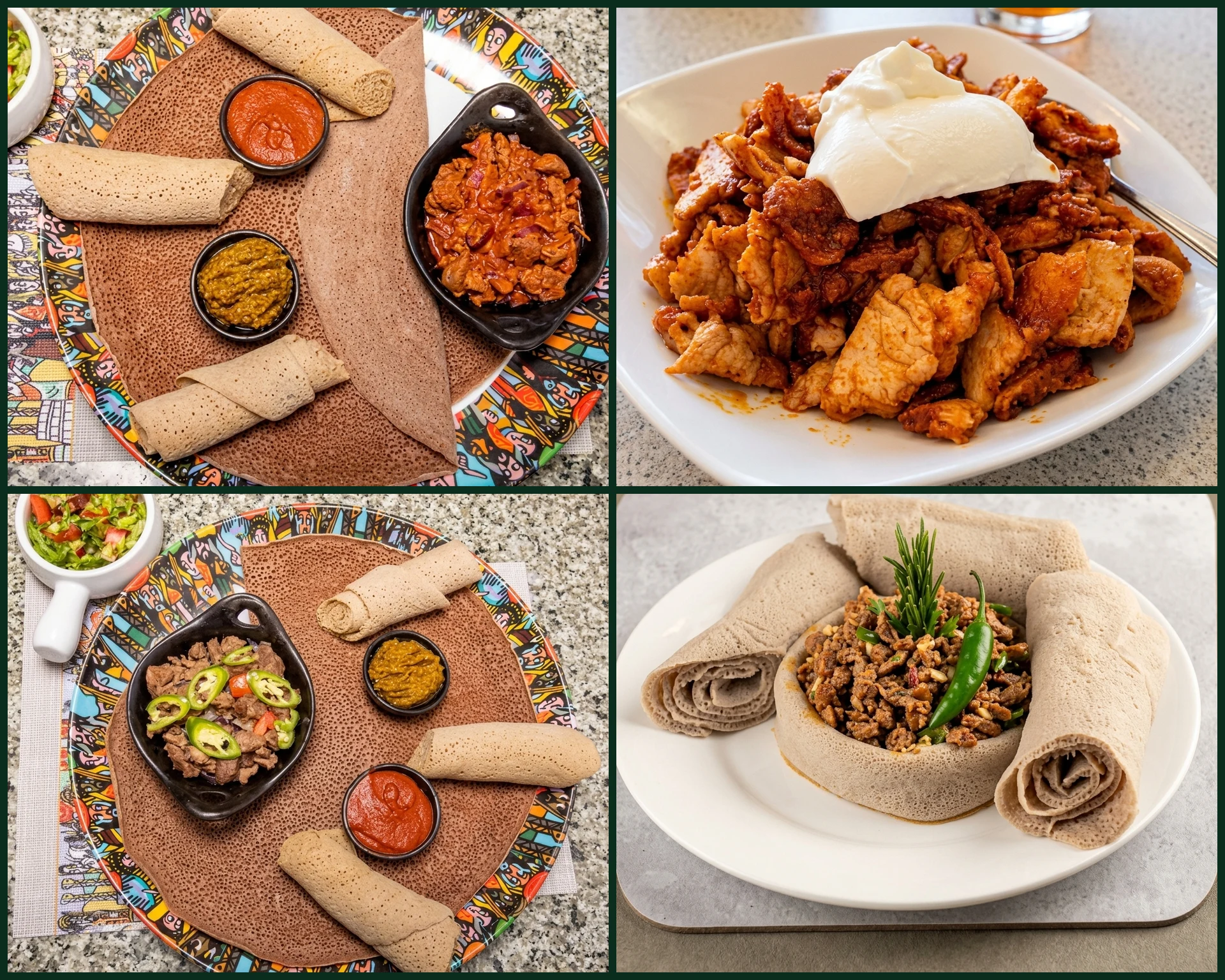 Traditional Eritrean and Ethiopian injera platter with assorted stews at Rimyya Friendship Bar and Restaurant Winnipeg